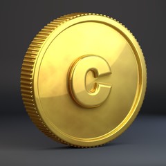 Golden coin with letter C lowercase isolated on black background.