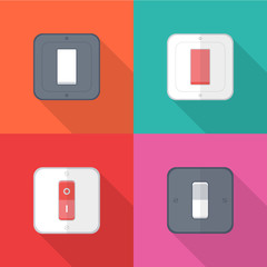 Set of Electric light switches icons with long shadow isolated on colorful background. Simple  light switches in flat style. Vector sign symbol illustration.