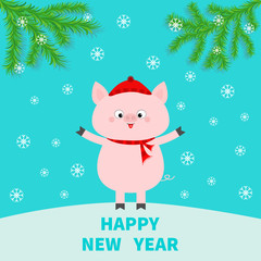 Happy New Year. Pig on snowdrift. Chinise symbol of 2019. Fir tree. Branch spruce Cute cartoon funny character. Flat design. Blue background.