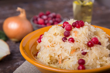 Sauerkraut with  cranberries  and onion on a plate. Closeup