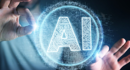 Businessman using digital artificial intelligence icon hologram 3D rendering