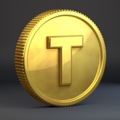 Golden coin with letter T uppercase isolated on black background.