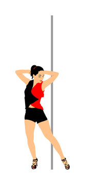 Young sexy woman pole dancing striptease with pylon in night club vector illustration. Beautiful naked stripper girl on stage. Erotic performer sensual dance. Exotic female stripper peeler exhibition.