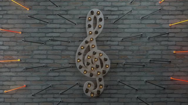 Neon clef note symbol on brick wall. Nightlife entertainment concept. 3D render seamless loop animation
