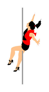 Young sexy woman pole dancing striptease with pylon in night club vector illustration. Beautiful naked stripper girl on stage. Erotic performer sensual dance. Exotic female stripper peeler exhibition.