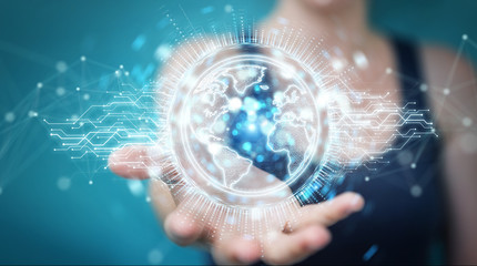 Businesswoman using globe network hologram with America Usa map 3D rendering