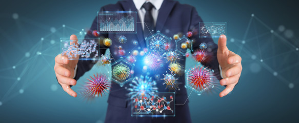 Businessman analyzing bacteria microscopic close-up 3D rendering