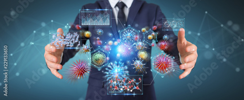 Businessman analyzing bacteria microscopic close-up 3D rendering