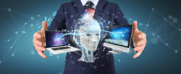 Businessman using white humanoid controlling modern devices 3D rendering