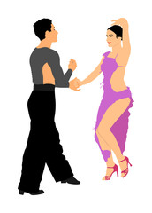 Elegance tango Latino dancers vector illustration isolated on white background. Dancing couple. Partner dance salsa, woman and man in love. lady and gentleman dance passionate Latin America salsa.