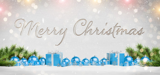 Christmas card laying on blue baubles and gift 3D rendering