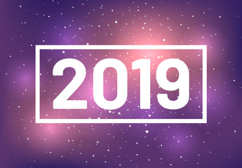 New year banner for 2019, with party purple colors, light glow on glitter or snowfall background. Modern horizontal banner for New Year party celebration, invitation or greeting