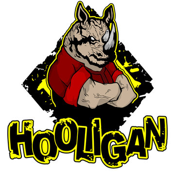 print on T-shirt "hooligan" with a  rhinoceros image. Vector illustration.