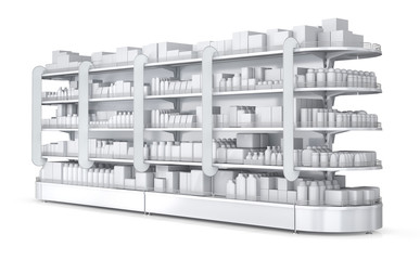 Shelves with with stoppers and blank goods in the store. 3d illustration isolated on white.