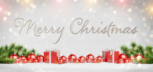 Christmas card laying on red baubles and gift 3D rendering