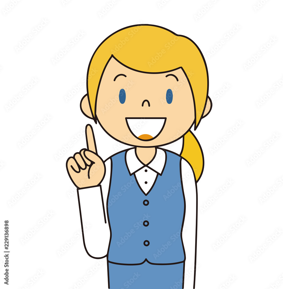Fototapete 二頭身　外国人　紺色の制服の女性　人差し指をさす　ひらめく