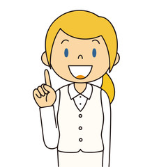 二頭身　外国人　白い制服の女性　人差し指をさす　ひらめく