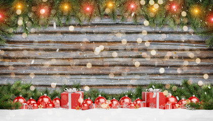 Red christmas baubles and gifts lined up 3D rendering