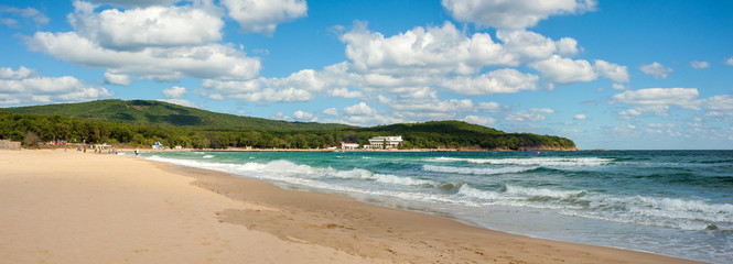 Beautiful beach Dunes on the Black Sea in Bulgaria near Sozopol. Panorama of a beautiful seashore on a sunny summer day.