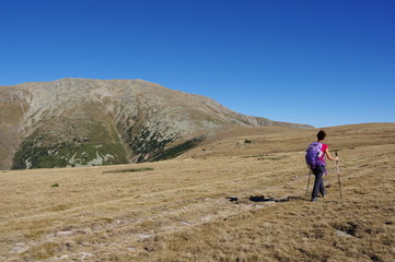 Jeune femme randonne dans la steppe au pla guillem dans le massif du canigou