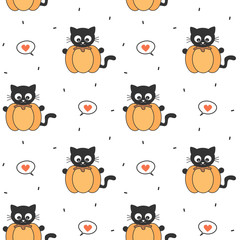 cute cartoon black cat in a pumpkin funny halloween seamless vector pattern background illustration