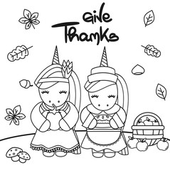 cute cartoon hand drawn lettering typography give thanks black and white vector thanksgiving  illustration with native indian american female unicorn and pilgrim 