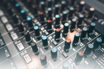 Obraz premium Digital sound audio mixer closeup . Equalizer console. Studio music recording equipment. 