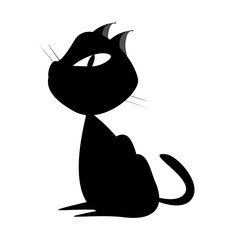 Silhouette  black cat  icon for Halloween. Animal cartoon character on isolated white background. Scary flat illustration.