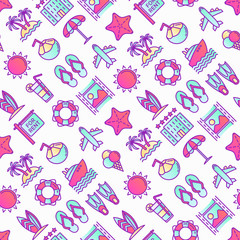 Holiday seamless pattern with thin line icons: sun, yacht, ice cream, surfing, hotel, beach umbrella, island, coconut drink, airplane, starfish, photo, lifebuoy. Modern vector illustration.