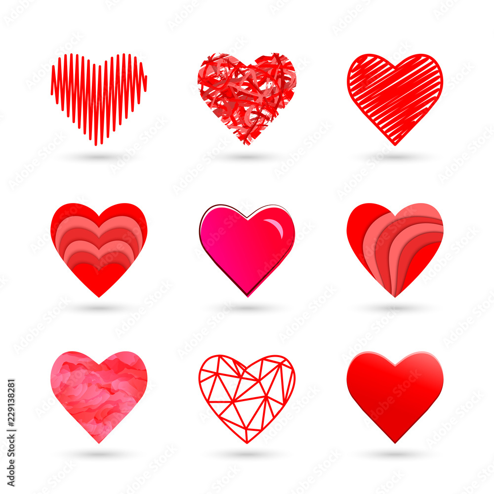 Poster heart icon set in red color and various shape and style isolated on white background. vector illustr