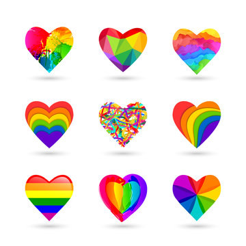 Colorful heart icon set. Rainbow colors and various shape and style isolated on white background. Vector illustration.