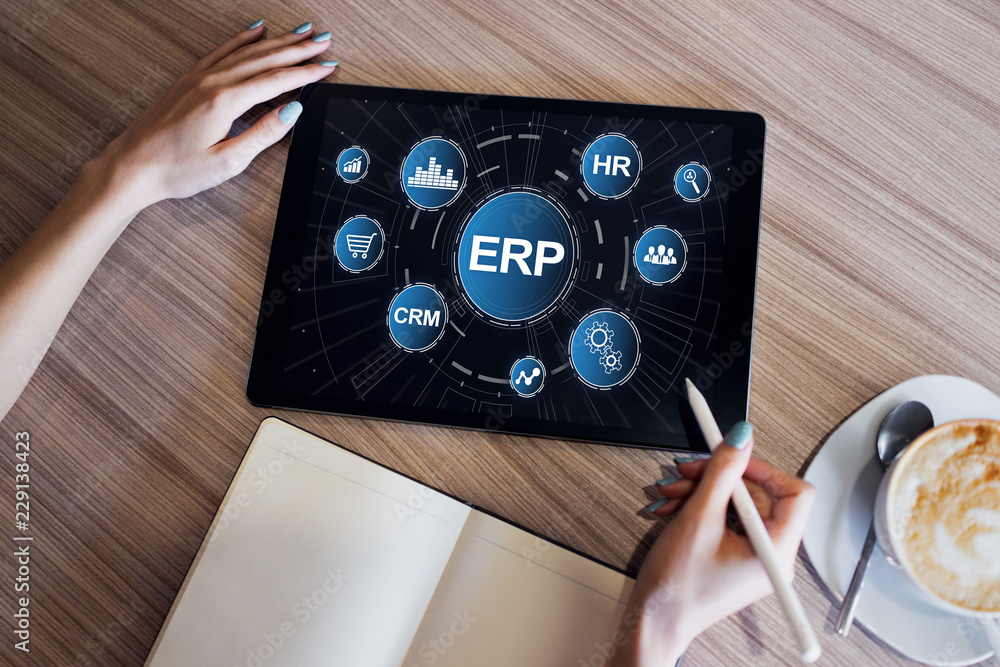 Poster erp system. enterprise resources planning. business process automation.