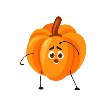 Vector Emoji orange pumpkin with a surprised face.  Cute cartoon Orange pumpkin looking for something. Vector illustration