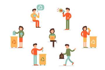 Vector creative illustration of business people, the employee is engaged in recycling garbage, environmental protection