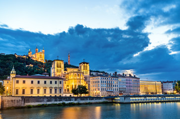 View of the Lyon Cathedral and the Basilica of Notre-Dame de Fourviere. Lyon, France