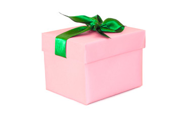 Pink gift box with green satin ribbon bow