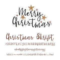 Handwritten calligraphy elegant font. and Congratulations Happy New Year and Merry Christmas, calligraphy for cards, posters and covers