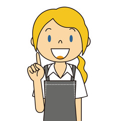 二頭身　外国人　黒色のエプロンの女性　人差し指をさす　保母さん　主婦　料理　カフェ店員　お花屋さん