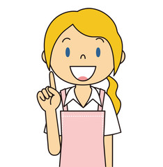 二頭身　外国人　ピンク色のエプロンの女性　人差し指をさす　保母さん　主婦　料理　カフェ店員　お花屋さん