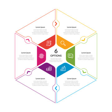 Hexagon Chart Infographic Template With 6 Options For Presentations. Hexagonal Graphic Template For Advertising, Layouts, Annual Report - Vector Illustration