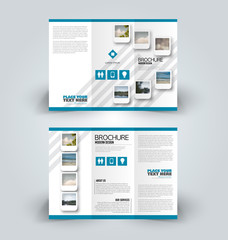 Brochure design. Creative tri-fold template. Abstract geometric background leaflet layout. Blue color vector illustration.