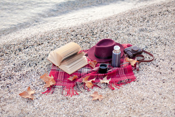 Autumn mood on sea beach. Cozy picnic with hot steamy beverages, tea, coffee in thermos, warm...