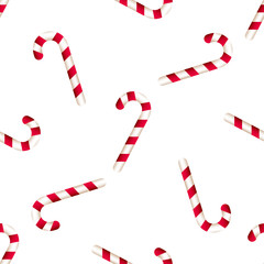 Fototapeta na wymiar Vector seamless pattern of realistic candy cane with red and white stripes on a white background. Decoration New Year and Christmas cards and other templates
