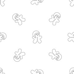 Vector illustration seamless pattern with icons of gingerbread men withSanta Claus' clothes and beard on a white background. Black outline