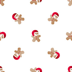 Vector illustration seamless pattern with icons of gingerbread men with red Santa Claus' clothes and beard on a white background