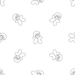 Vector illustration seamless pattern with icons of gingerbread men with Santa Claus' clothes and beard on a white background. Black outline
