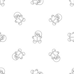 Vector illustration seamless pattern with icons of gingerbread men with Santa Claus' clothes and beard on a white background. Black outline