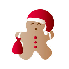 Vector illustration icon of laughing gingerbread man dressing in red Santa Claus' clothes on a white background