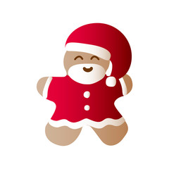 Vector illustration icon of laughing gingerbread man dressing in red Santa Claus' clothes on a white background