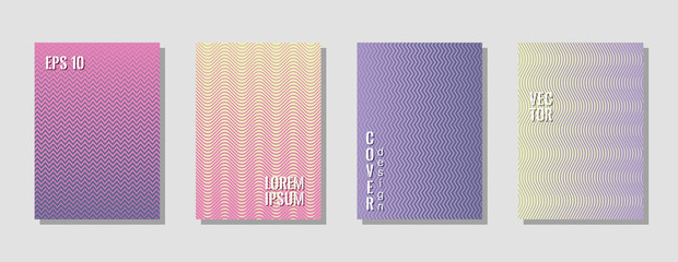 Elegant purple zig zag banner templates, wavy lines gradient stripes backgrounds for advertising cover. Curve shapes stripes, zig zag edge lines halftone texture gradient magazine covers collection.